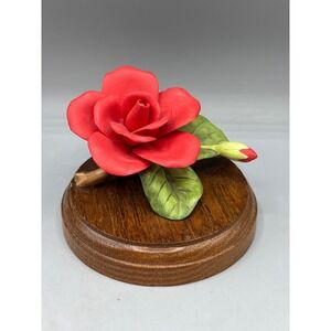 Vtg Red Rose Porcelain Flower Figurine on Wood Base Floral Decor‎